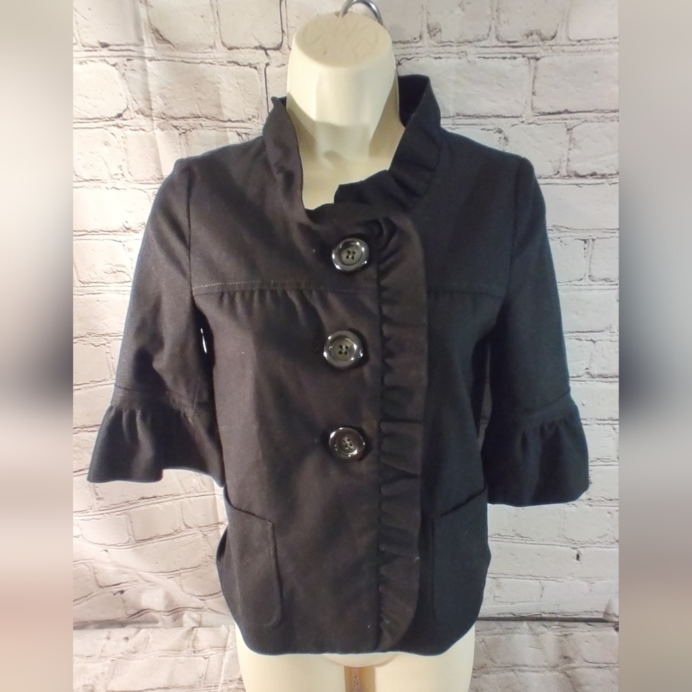 Benetton Black Bell Sleeve Ruffled 3 Button Coat XS